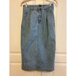 Vintage ILGWU Made in USA Denim Midi Skirt Light Wash Pleated High Waist Sz 10